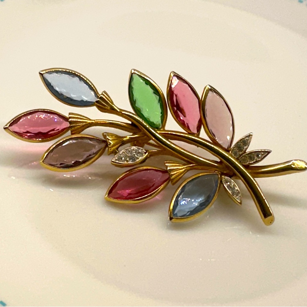 Vintage BSK Pastel Rhinestone Brooch Gold Tone